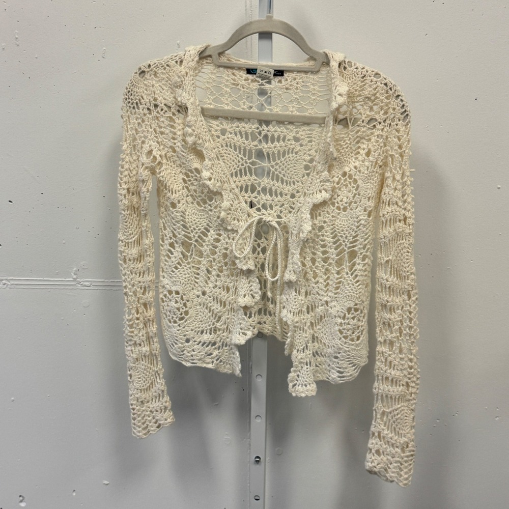 Y2K Coolwear USA Crochet Cardigan Cream Ramie Cotton Tie Front Boho Medium Boho